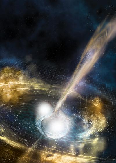 Artist's impression of two merging neutron stars.